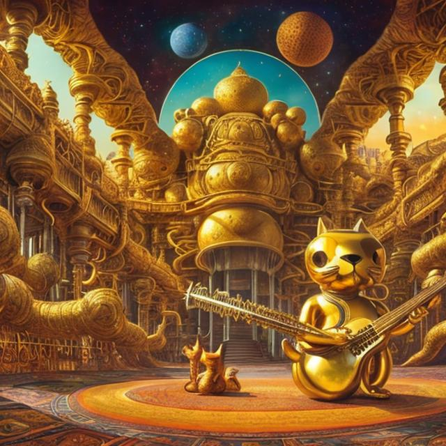 Prompt: panorama widescreen view of a giant gold cat playing a sitar, infinity vanishing point, in the style of Jacek Yerka