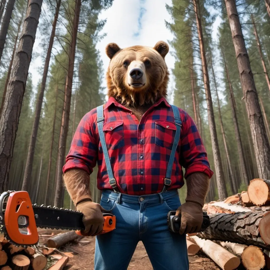 Prompt: brown bear lumberjack holding a chainsaw, wearing a red flannel shirt and blue denim pants, wide angle perspective, deep forest background, infinity vanishing point