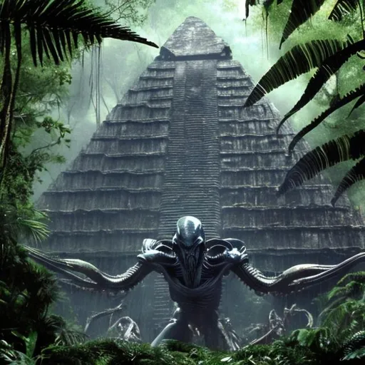 Prompt: xenomorphs swarming up pyramid in Belize rain forest jungle