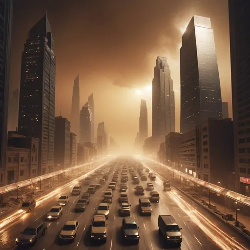 Prompt: infinite rush hour traffic, crystal skyscraper city, post apocalyptic, sandstorm at night