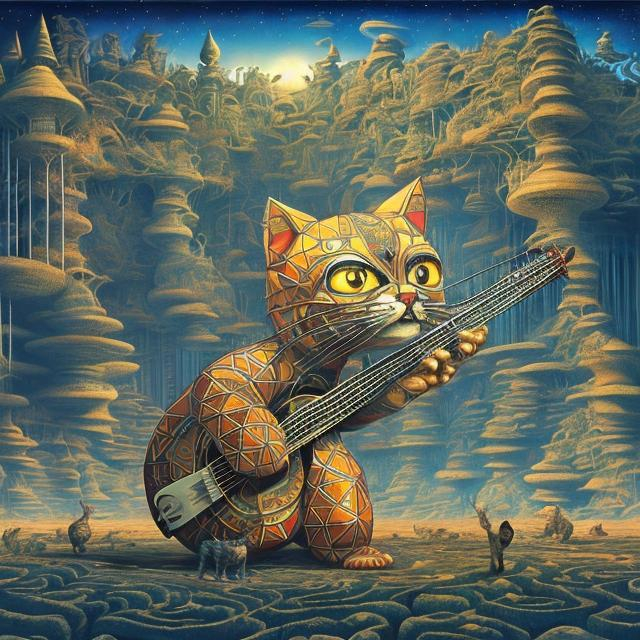 Prompt: giant diamond cat playing a sitar, widescreen view, infinity vanishing point, in the style of Jacek Yerka