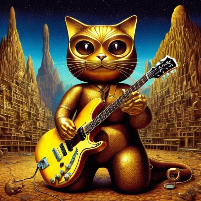 Prompt: giant gold cat playing a guitar, widescreen view, infinity vanishing point, in the style of Jacek Yerka