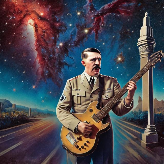 Prompt: patriotic american adolf hitler playing guitar on the street corner, infinity vanishing point, Pillars of Creation nebula background