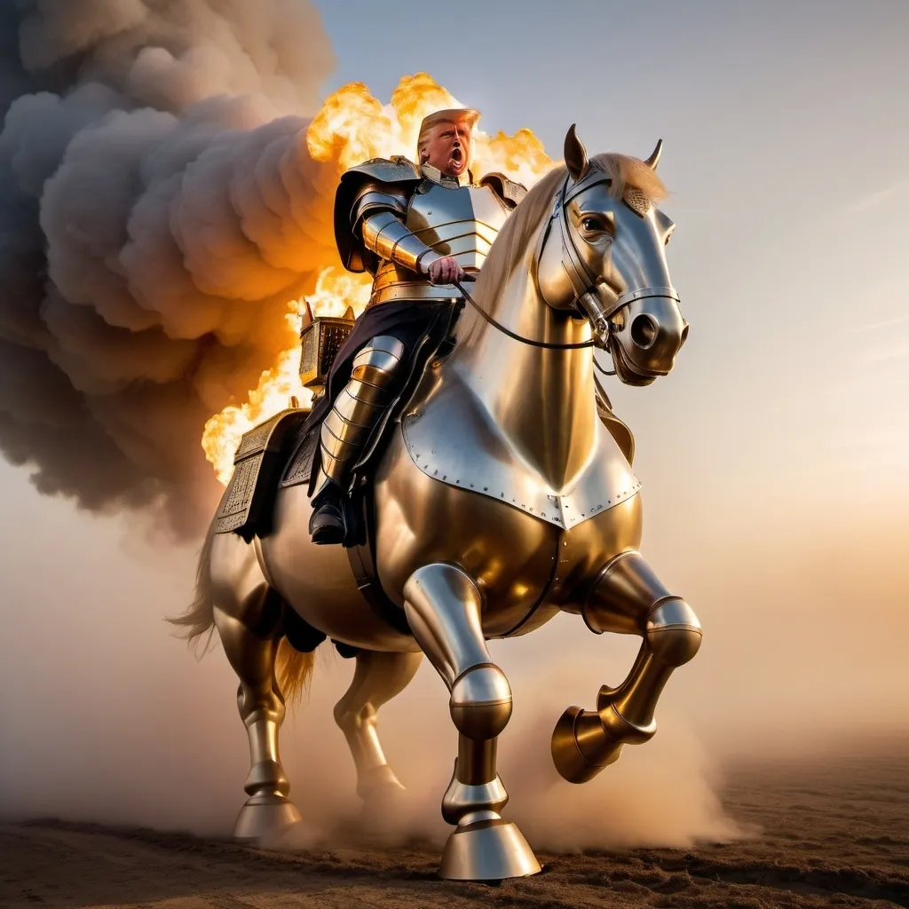 Prompt: Trump riding the biggest giant firebreathing armored warhorse in the world, overhead golden hour lighting, foggy wide angle view, infinity vanishing point