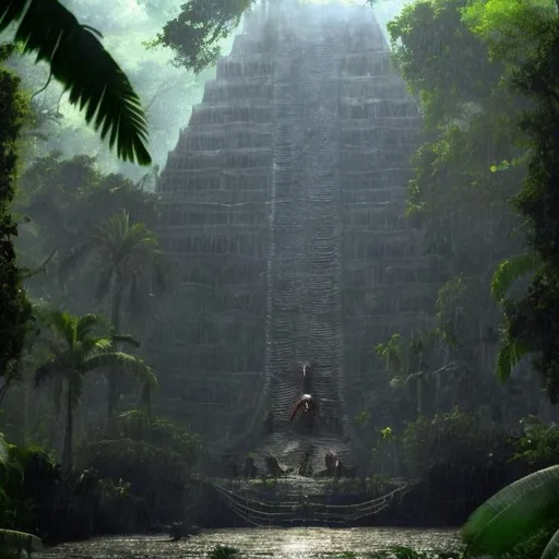Prompt: xenomorphs swarming up pyramid in Belize rain forest jungle