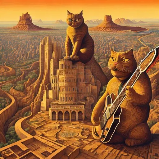 Prompt: giant damascened inlayed statue of a giant cat playing guitar, in the style of Jacek Yerka, wide perspective view, infinity vanishing point