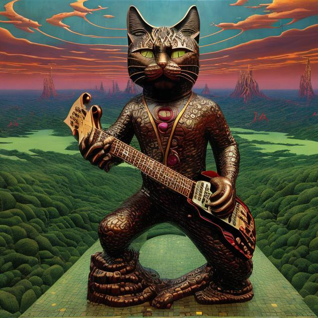 Prompt: ((((giant cat playing guitar) green bronze statue inlaid with rubies) in the style of Jacek Yerka) infinity vanishing point) wide perspective view