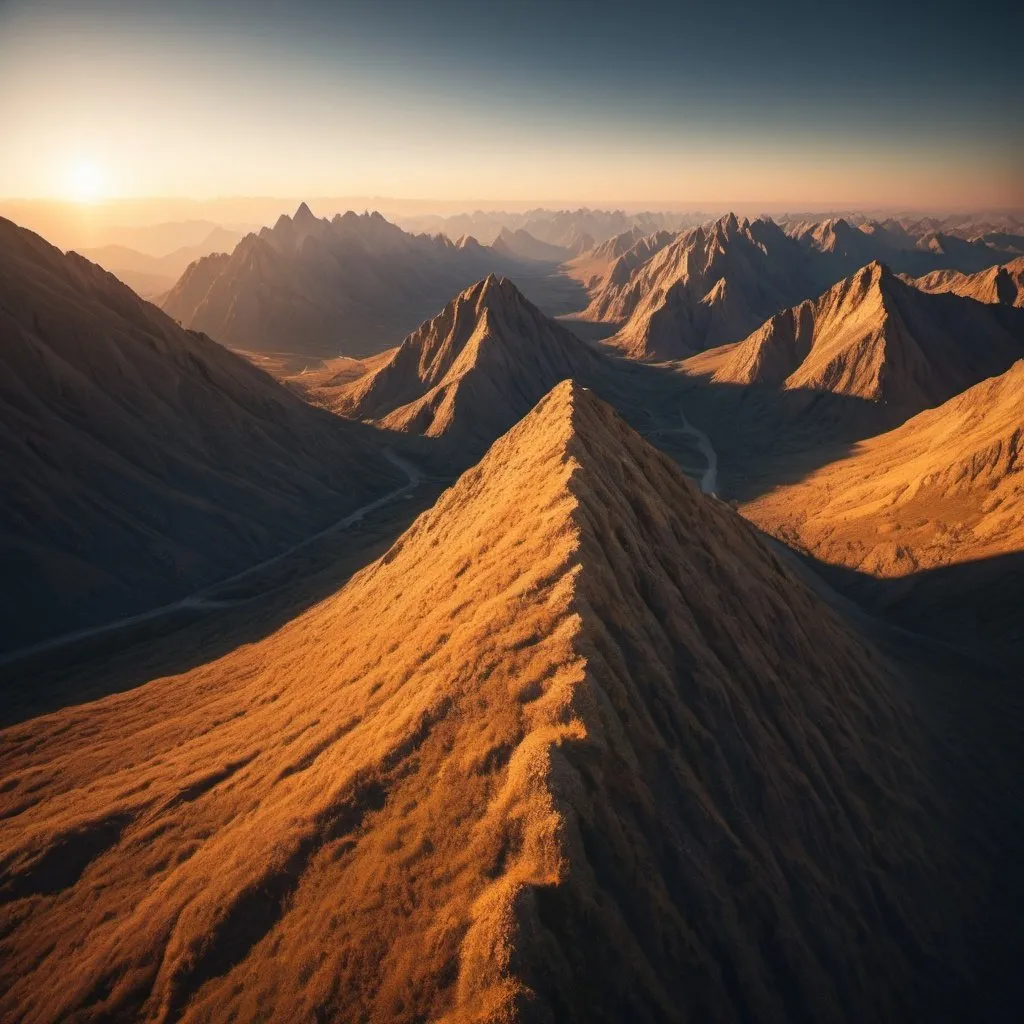 Prompt: strange mountains, overhead golden hour lighting, extra wide angle field of view, infinity vanishing point