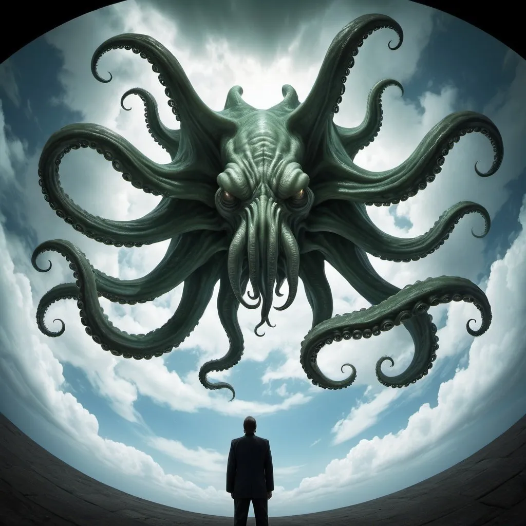 Prompt: giant sky cthulu, overhead lighting, wide angle view, surreal background proportions, infinity vanishing point