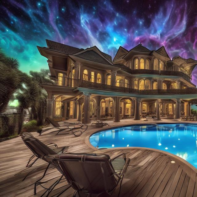 Prompt: 16:9 ratio, wide view, cthulhu band playing guitars at a poolside patio barbeque grill, infinity vanishing point, fractal nebula