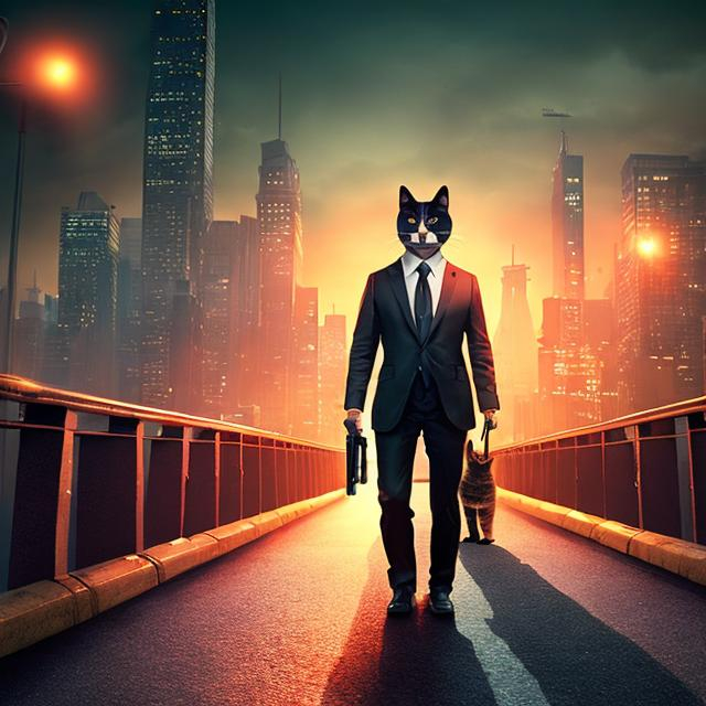 Prompt: secret agent with a realistic cat head, on a long wide tall bridge, overhead lighting, wide view
