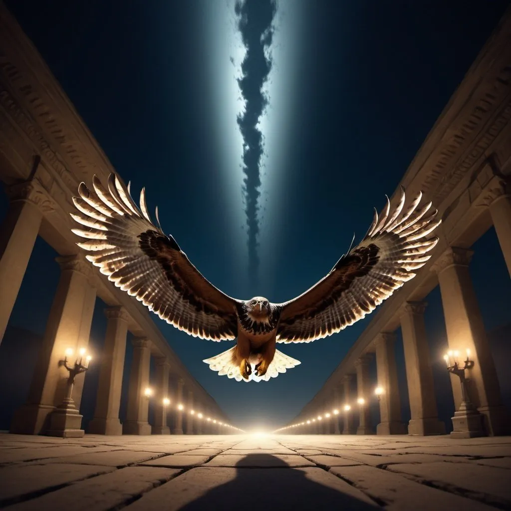 Prompt: Night of the Hawk, overhead lighting, wide angle view, surreal background proportions, infinity vanishing point