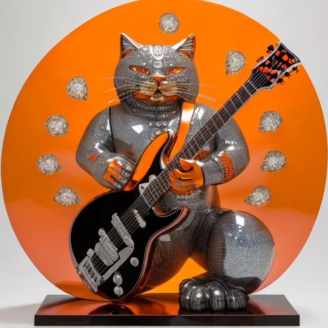 Prompt: ((((giant cat playing guitar) orange chrome statue inlaid with diamonds) in the style of Ron English) wide perspective view) infinity vanishing point