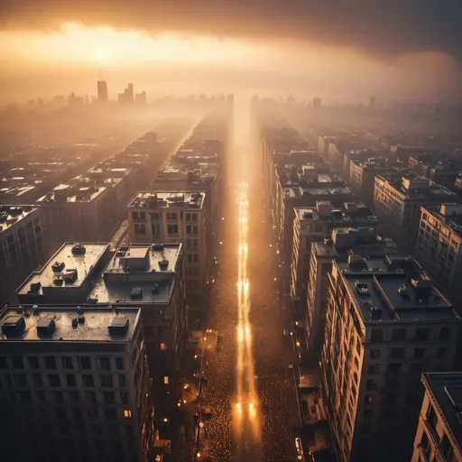 Prompt: many giant flying eyes crying rain on the city below, overhead golden hour lighting, foggy wide angle view, infinity vanishing point