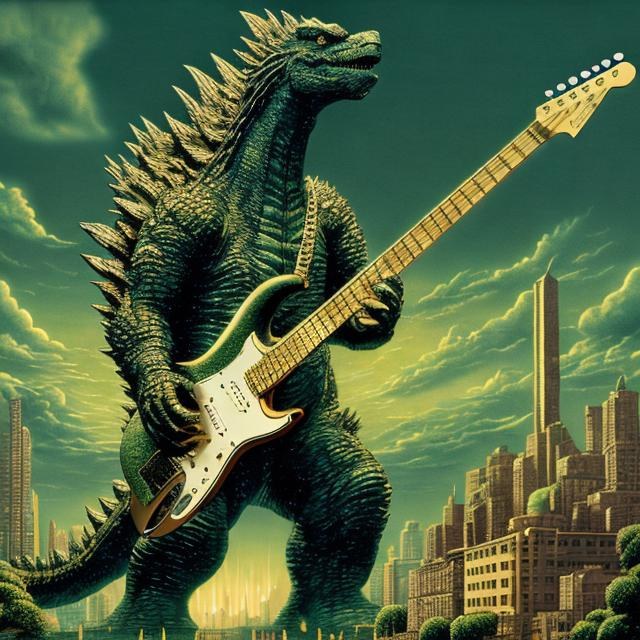 Prompt: ((((godzilla playing guitar) gold statue inlaid with emeralds) in the style of Jacek Yerka) infinity vanishing point) wide perspective view