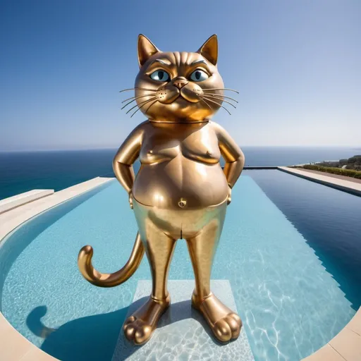 Prompt: giant Bill the cat in a swimsuit metallic statue, large wide ocean infinity pool, wide angle view, 25 degree offset, infinity vanishing point