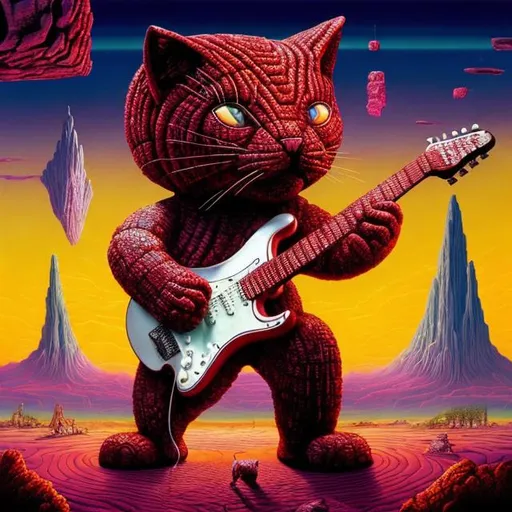 Prompt: giant ruby crystal statue of a giant cat playing guitar, in the style of Jacek Yerka, widescreen view, infinity vanishing point
