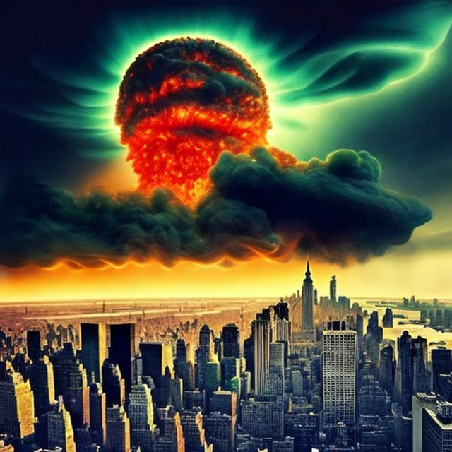 Prompt: manhattan skyline, nuclear blast cloud background