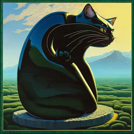 Prompt: ((((giant cat playing guitar) made of obsidian inlaid with green jade) in the style of Jacek Yerka) wide perspective view) infinity vanishing point