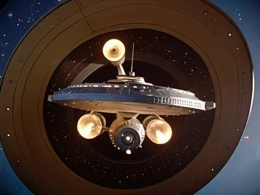 Prompt: USS Constellation versus The Doomsday Machine, from Star Trek The Original Series, overhead golden hour lighting, wide angle view, infinity vanishing point