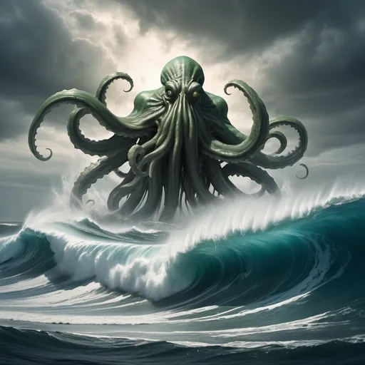 Prompt: giant Cthulu surfing the largest giant tsunami wave, Deepwater Horizon platform in foreground, overhead lighting, wide angle view, surreal background proportions, infinity vanishing point