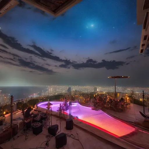 Prompt: view at 50 feet from a jesus band playing guitars, at an exotic rooftop with an infinity pool, infinity vanishing point, cthulhu nebula background