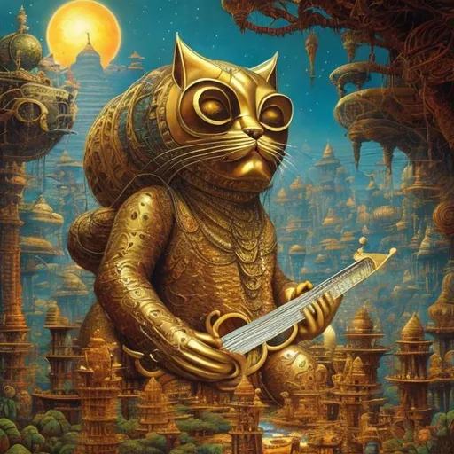 Prompt: giant gold cat playing a sitar, widescreen view, infinity vanishing point, in the style of Jacek Yerka