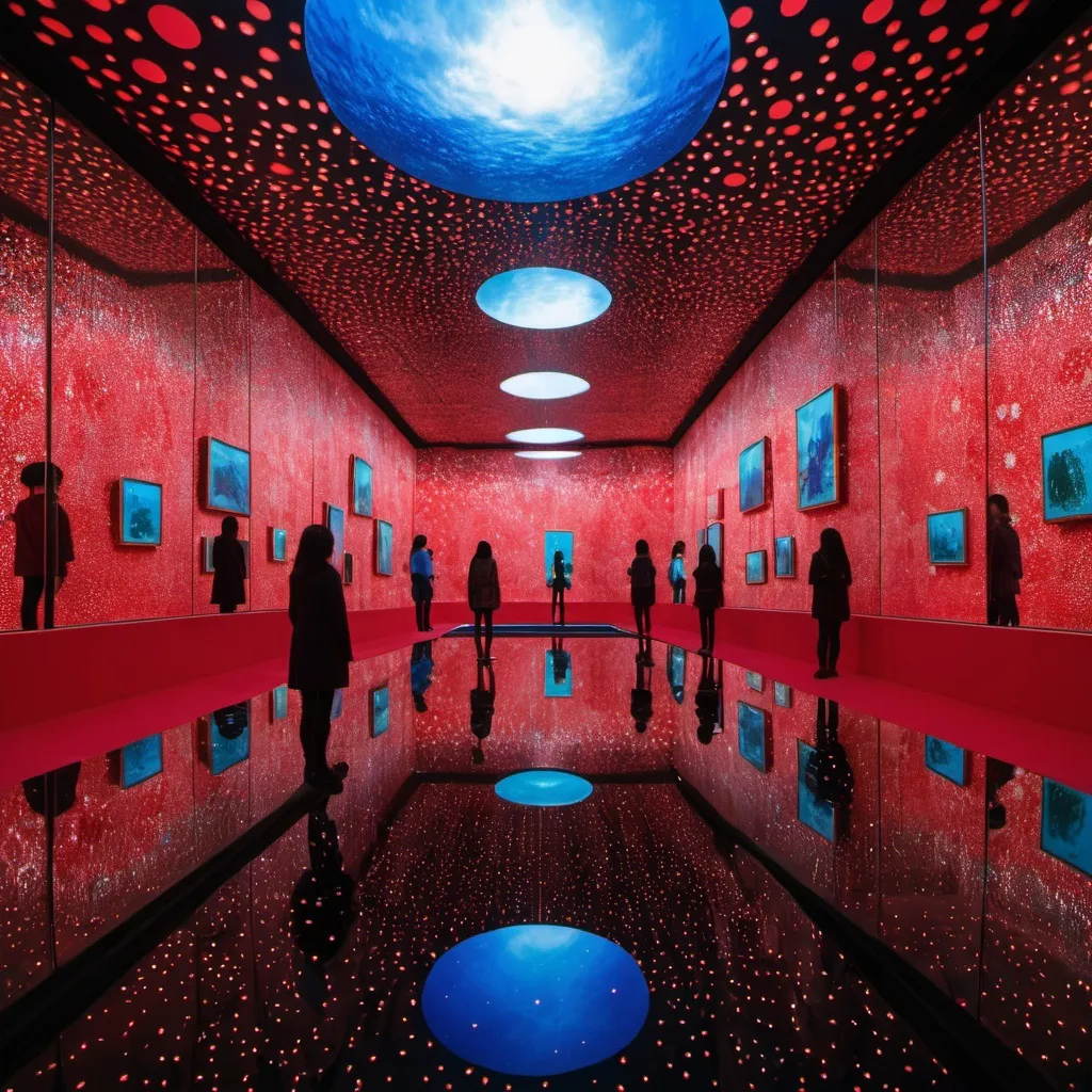 Prompt: view from center of Yayoi Kusama’s Infinity Mirror Room with infinity pool floor
