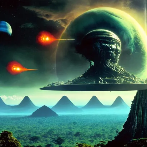 Prompt: wide panorama view, space transport hovering over xenomorph pyramid, set in Belize rain forest jungle, nuclear blast cloud background