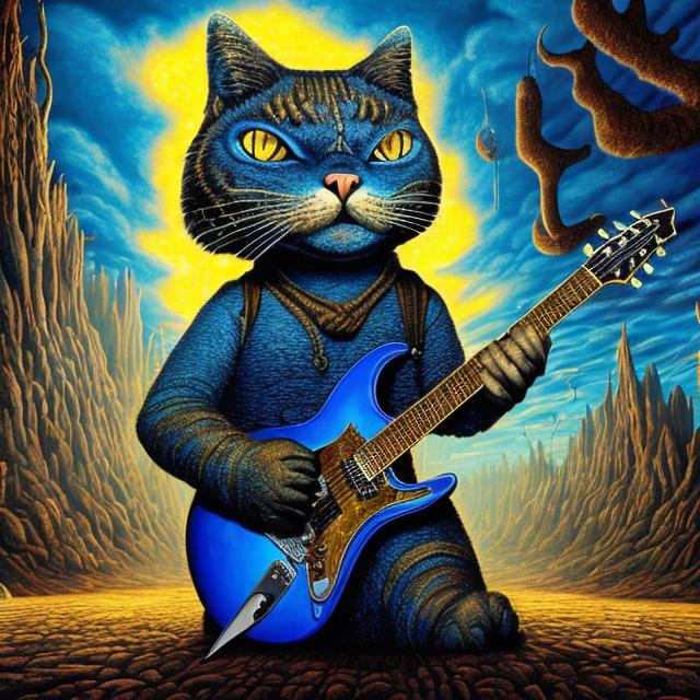 Prompt: giant Lazulite metal cat playing a guitar, widescreen view, infinity vanishing point, in the style of Jacek Yerka