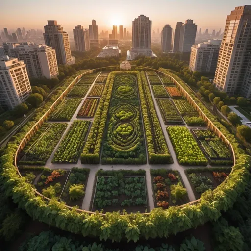 Prompt: megaskyscraper surrounded by lush vegetable gardens, overhead golden hour lighting, extra wide angle field of view, infinity vanishing point