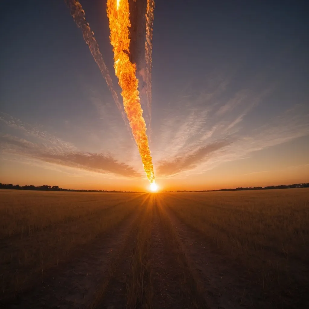 Prompt: strange fire, overhead golden hour lighting, extra wide angle field of view, infinity vanishing point