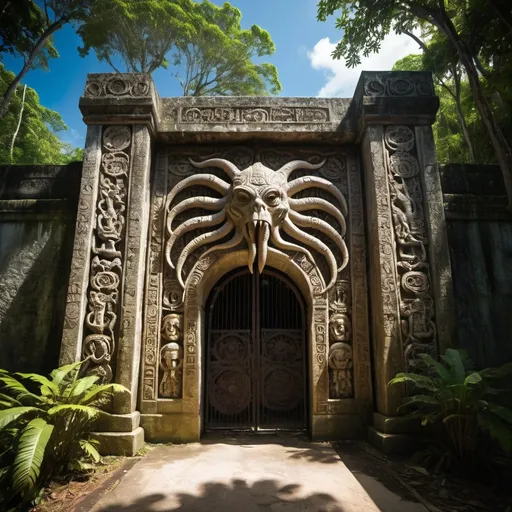 Prompt: in the Belize jungle, a giant ancient intricately detailed bas relief covered outer wall and gate to the temple of cthulhu, overhead lighting shadows, wide angle view, offset infinity vanishing point