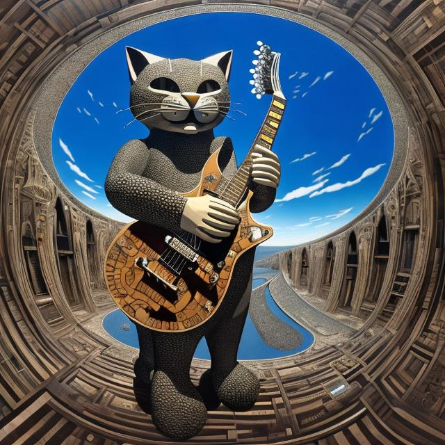 Prompt: ((((giant cat playing guitar) ebony statue inlaid with diamonds) in the style of Jacek Yerka) wide perspective view) infinity vanishing point