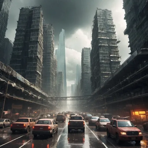 Prompt: infinite rush hour traffic, crystal skyscraper city, post apocalyptic, monsoon climate