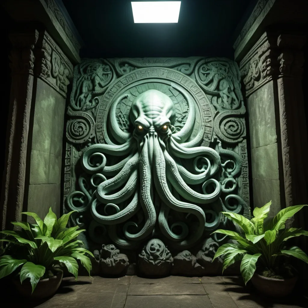 Prompt: in the jungle, an ancient bas relief of cthulhu, overhead lighting shadows, wide angle view, infinity vanishing point