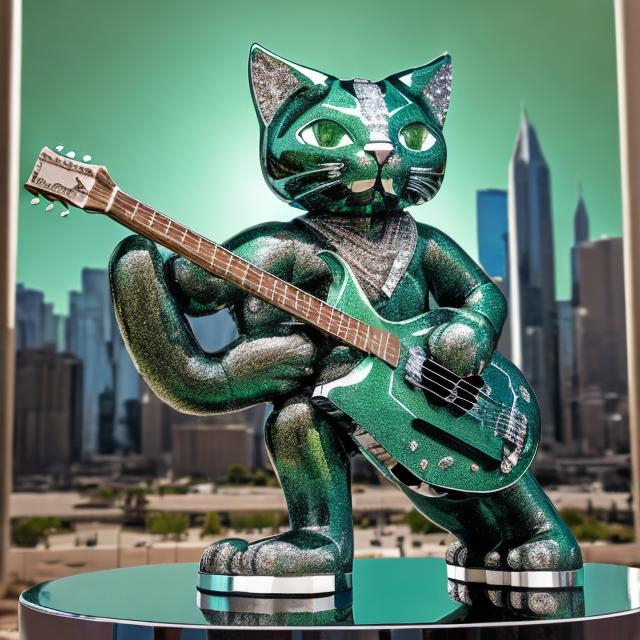 Prompt: ((((giant cat playing guitar) green chrome statue inlaid with diamonds) in the style of Ron English) wide perspective view) infinity vanishing point