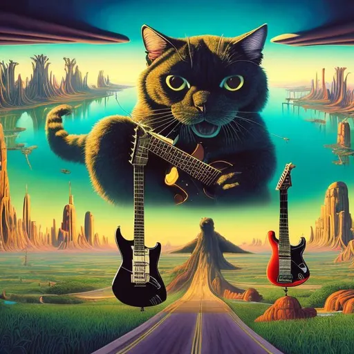 Prompt: panorama widescreen view of a giant cat playing guitar, infinity vanishing point, in the style of Jacek Yerka