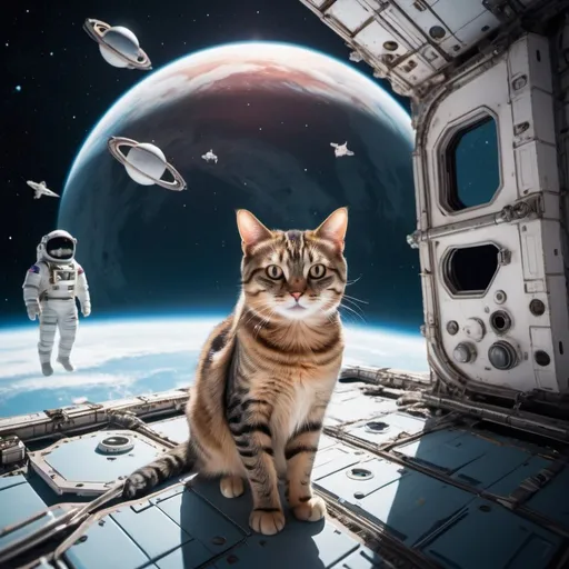 Prompt: Cat Astronaut floating outside a distant surreal space station, an evil planet in the background, 25 degree offset, wide angle perspective, infinity vanishing point