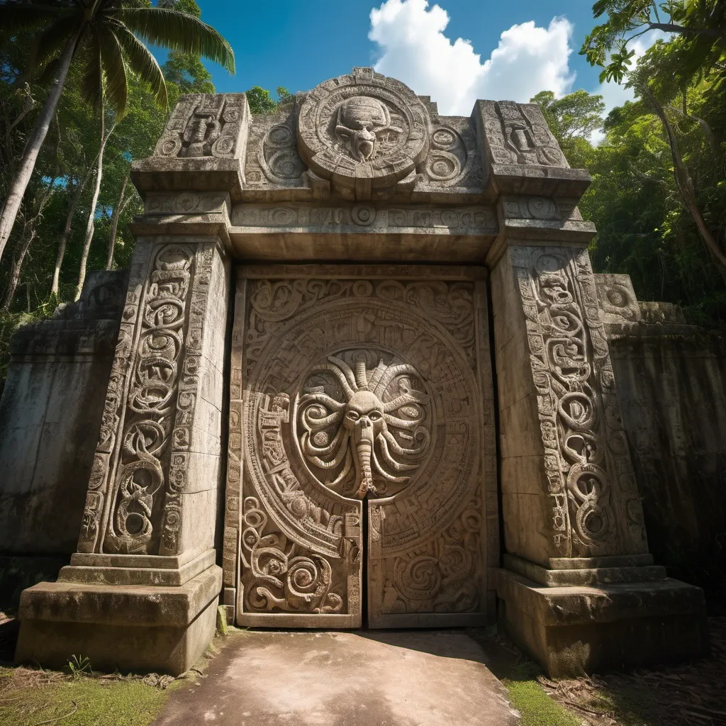 Prompt: in the Belize jungle, a giant ancient intricately detailed bas relief covered outer wall and gate to the temple of cthulhu, overhead lighting shadows, wide angle view, infinity vanishing point