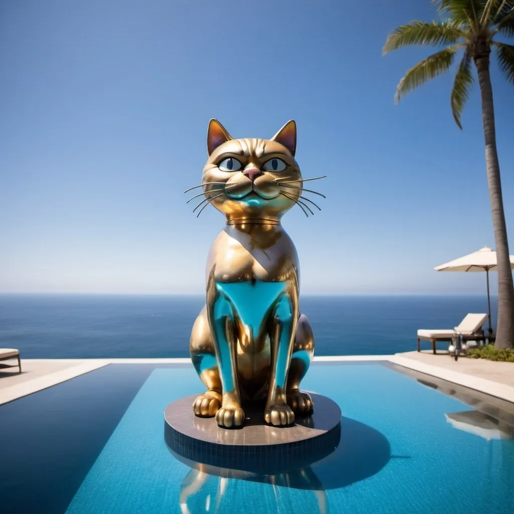 Prompt: giant Bill the cat in a swimsuit metallic statue, large wide ocean infinity pool, wide angle view, 25 degree offset, infinity vanishing point