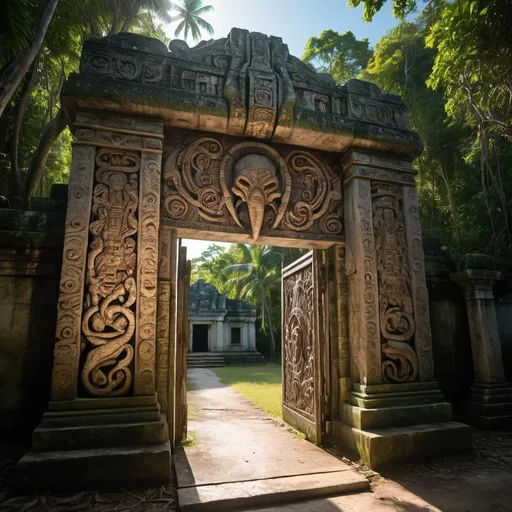 Prompt: in the Belize jungle, a giant ancient intricately detailed bas relief covered gate to the temple of cthulhu, overhead lighting shadows, wide angle view, infinity vanishing point