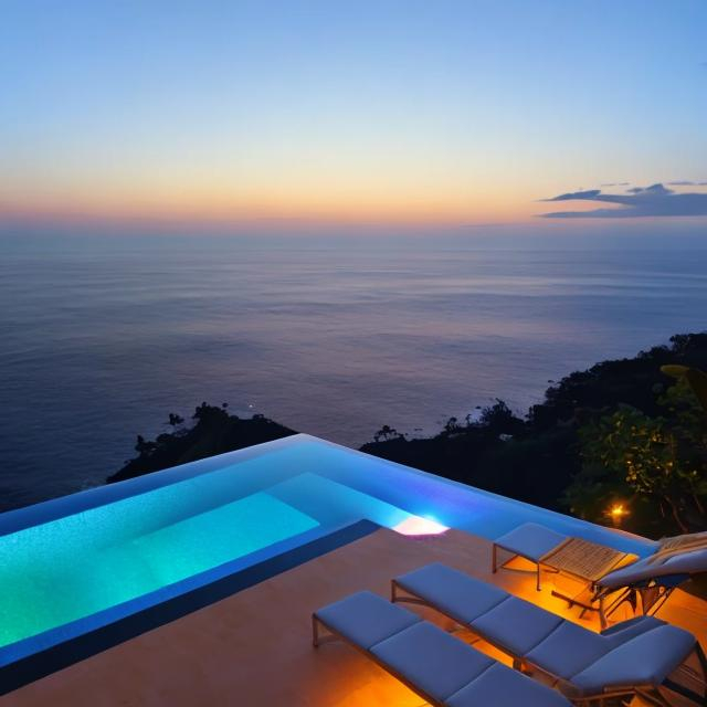 Prompt: panorama ocean view from cliffside infinity pool, night