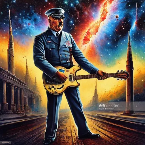 Prompt: patriotic american adolf hitler playing guitar on the street corner, infinity vanishing point, Pillars of Creation nebula background