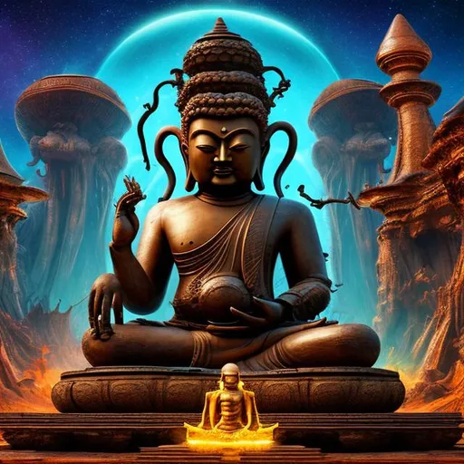 Prompt: widescreen letterbox style image of a oxidized bronze bodybuilding buddha playing guitar in front of an exotic alien temple, tropical jungle background, galaxy sky, infinity vanishing point