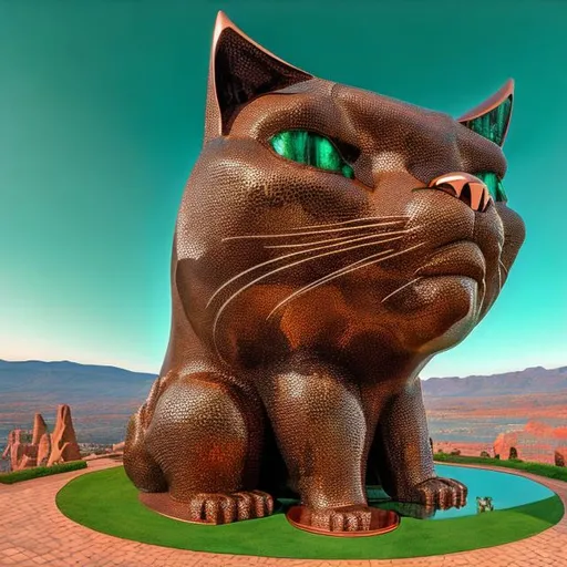 Prompt: ((((giant cat playing guitar) copper statue inlaid with emeralds) in the style of Jacek Yerka) wide perspective view) infinity vanishing point