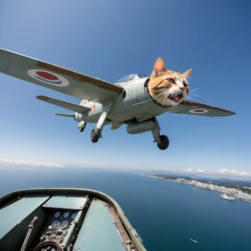 Prompt: Kamikaze Cat pilot, flying a Yokosuka MXY-7 Ohka, wide angle perspective, surreal background, infinity vanishing point