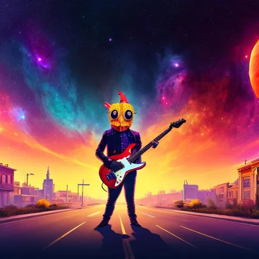Prompt: panoramic view of a guitar player dressed as a turkey, on the street corner, vanishing point perspective, galaxy and nebula background