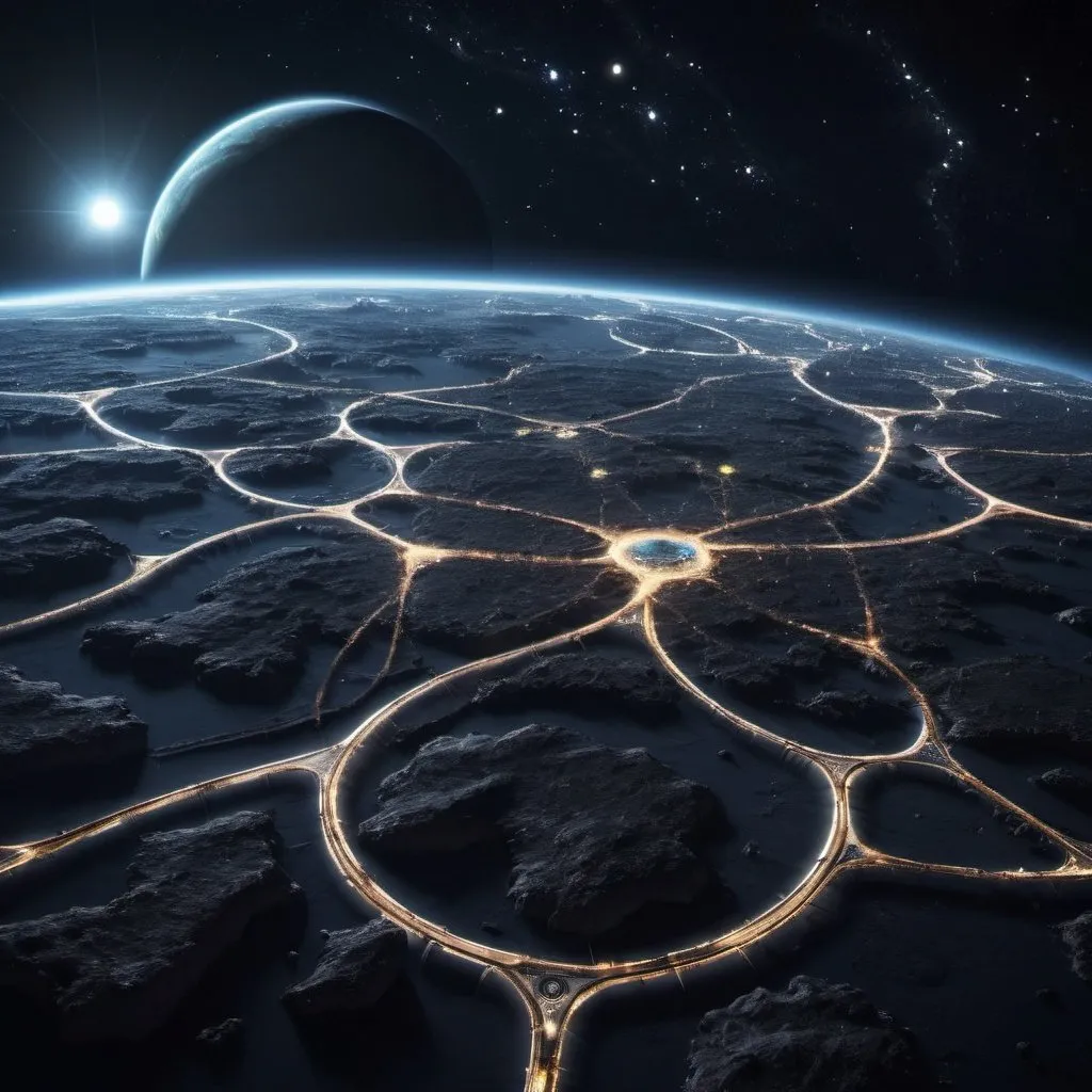 Prompt: view from orbit at night, of a superhighway network, around a giant cat planet