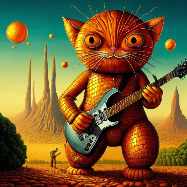 Prompt: giant orange metal cat playing a guitar, widescreen view, infinity vanishing point, in the style of Jacek Yerka